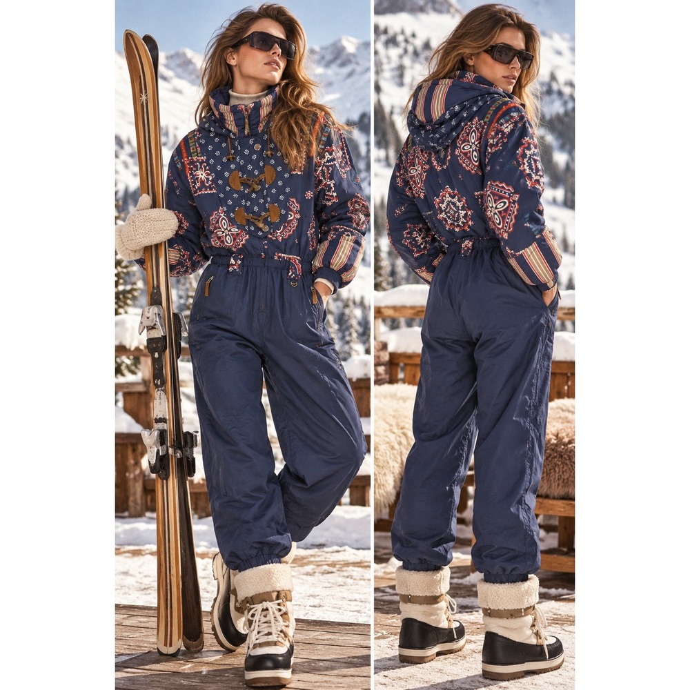 VTG 90s Obermeyer Ski Suit Women 12 Navy Blue Floral Toggle Apres Ski Retro Boho